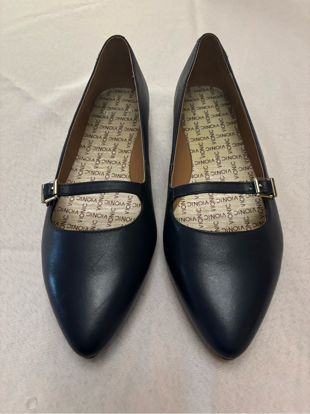 Vionic Navy Pointed Mary Jane Flats with Gold Buckles Size 9 Like New